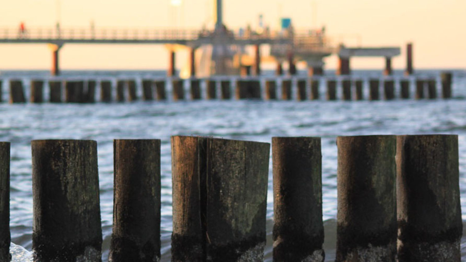 Buhne mit Wellen im Hintergrund die Seebrücke mit Tauchgondel Zingst