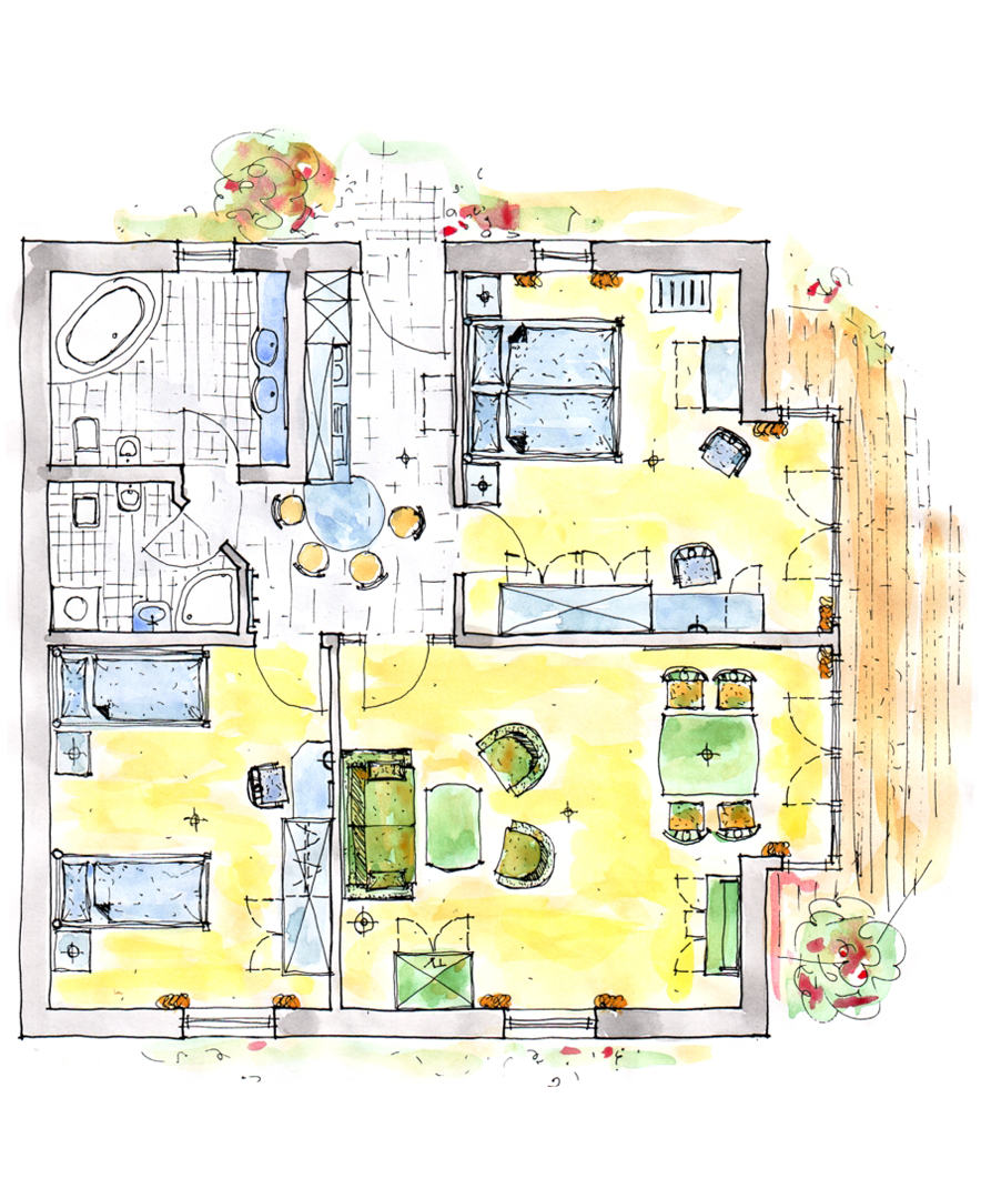 Gezeichneter Grundriss einer Ferienwohnung